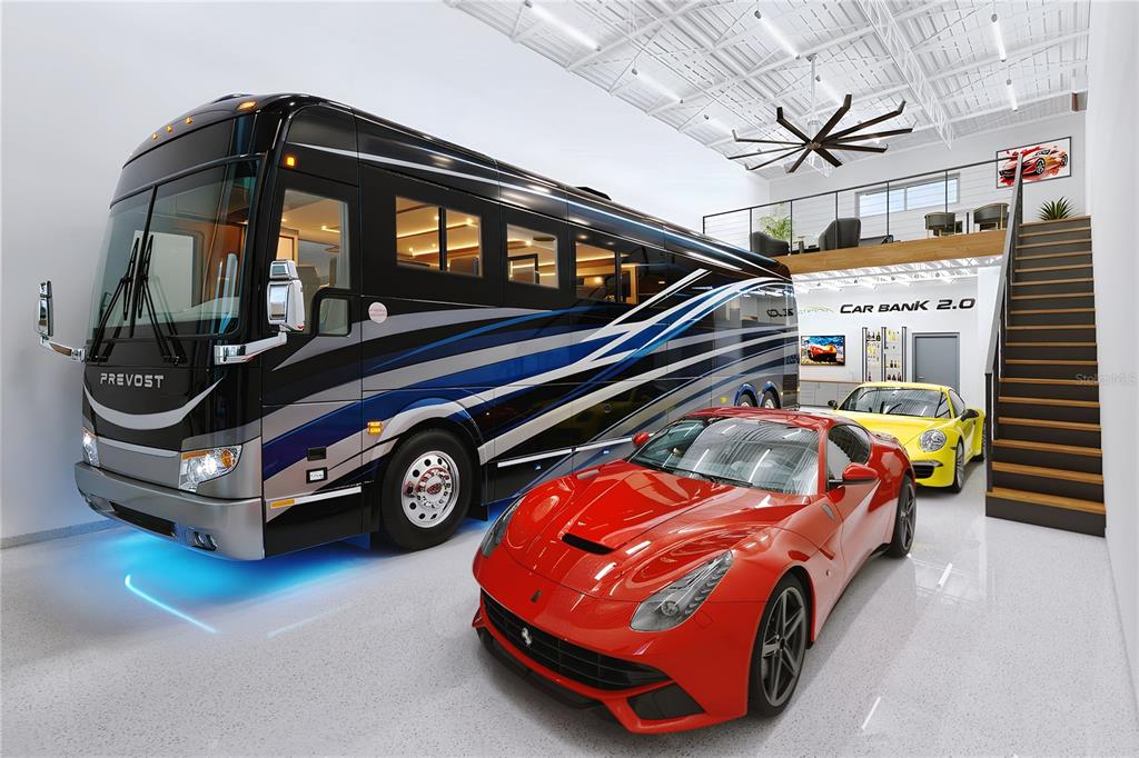 This rendering shows a luxury garage with a large motorcoach, two sports cars, and stairs — 5864 DEREK AVENUE UNIT 25, SARASOTA, FL