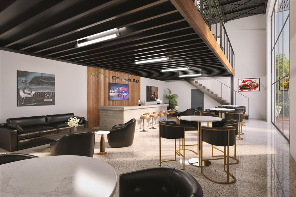 This rendering shows a modern lounge area with a bar, seating, and a mezzanine level — 5864 DEREK AVENUE UNIT 25, SARASOTA, FL