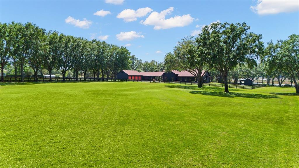 A large green pasture sits in front of a dark-colored building with a metal roof — 9751 QUIET LANE, WINTER GARDEN, FL