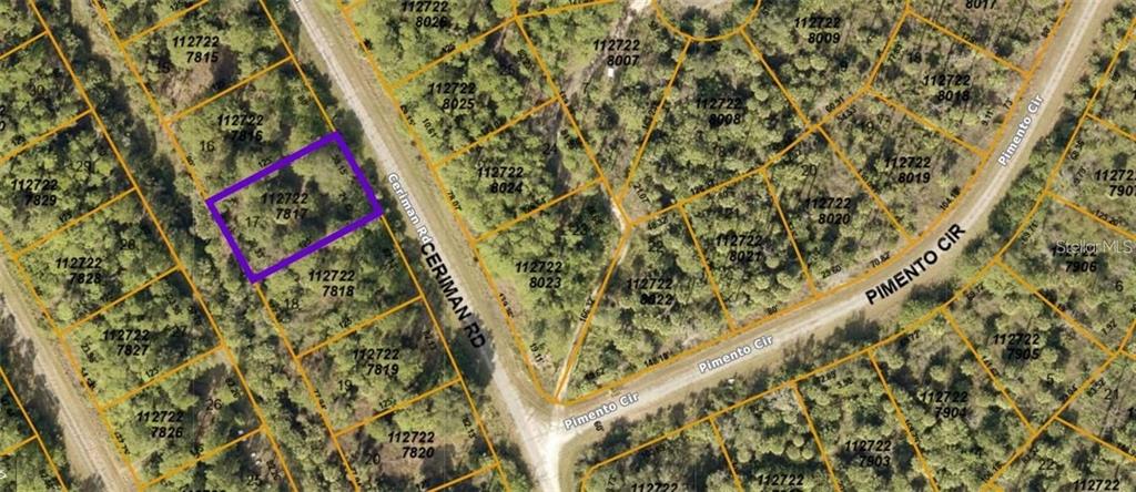 This is an aerial map showing a highlighted vacant lot among other parcels of land — CERIMAN ROAD, NORTH PORT, FL