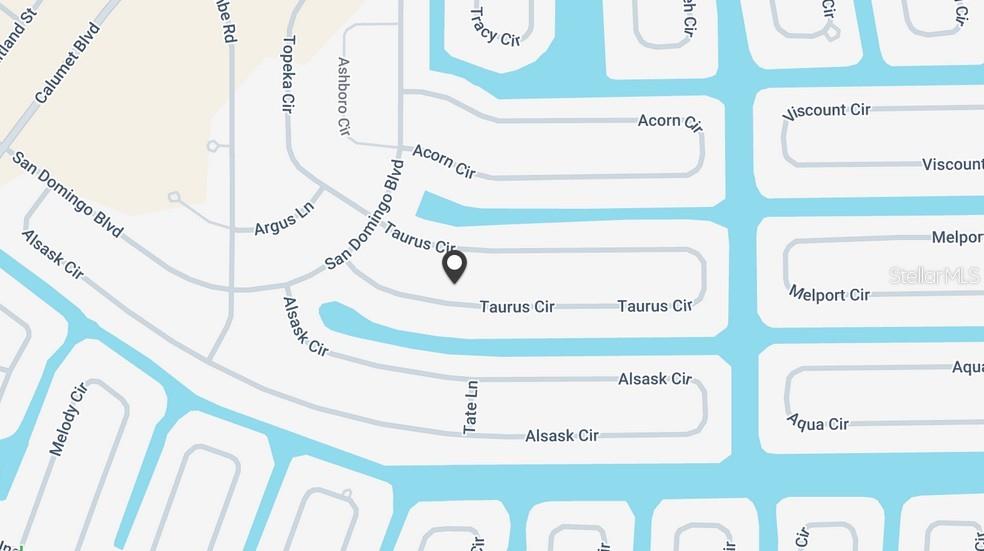 This is a map showing residential streets and waterways in a neighborhood — 15357 TAURUS CIRCLE, PORT CHARLOTTE, FL
