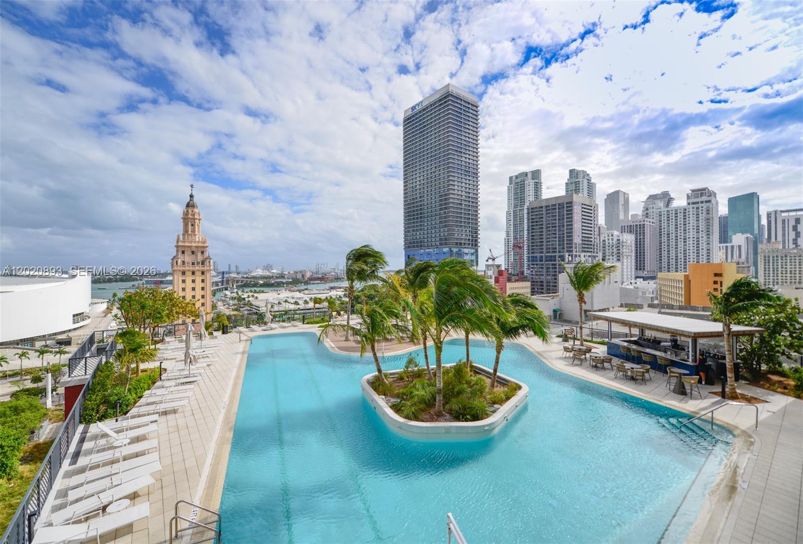 An elevated outdoor swimming pool features a central island with palm trees overlooking a city — 159 NE 6th St # 4601, Miami FL 33132, MIAMI, FL