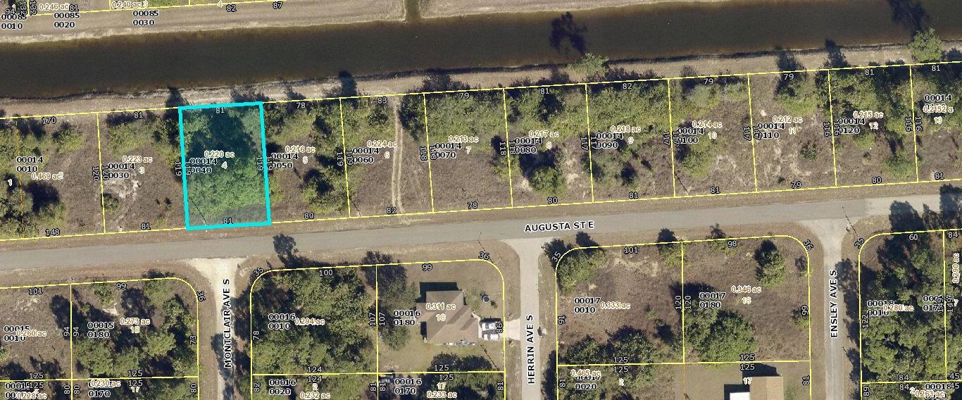 This is a satellite map showing residential land parcels and streets — 1207 Augusta Street E, Lehigh Acres FL 33974, LEHIGH ACRES, FL