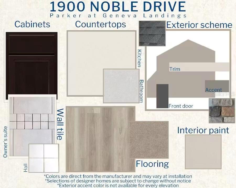 This design board displays interior and exterior finish samples for a home, including cabinetry, countertops, flooring, and paint — 1900 NOBLE DRIVE, DAVENPORT, FL