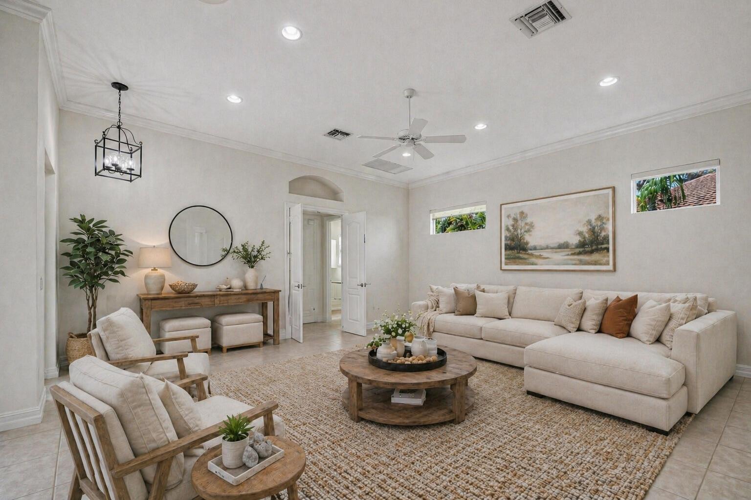 A screened-in patio features brick pavers, outdoor furniture, a rug, and a small garden bed — 1208 Riverwind Circle, Vero Beach FL 32967, VERO BEACH, FL