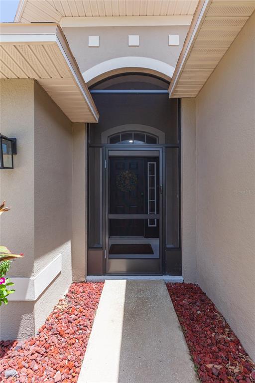 A concrete walkway leads to a front door protected by a dark metal screen door — 1615 BONITA BLUFF COURT, RUSKIN, FL