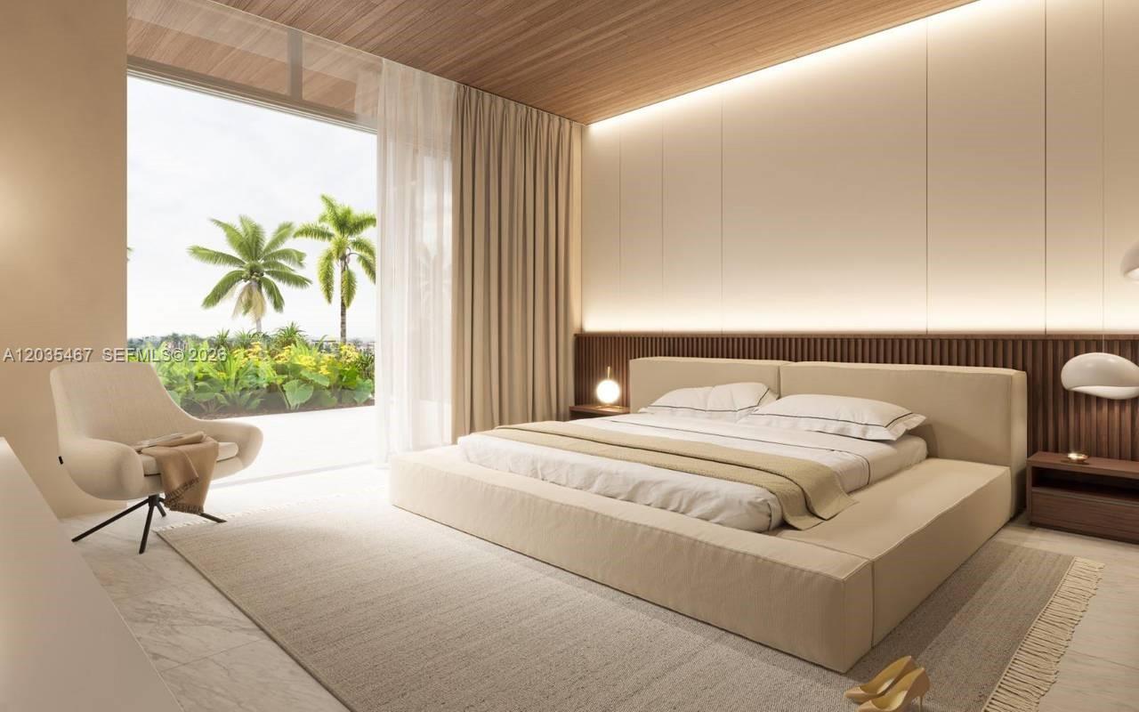 This rendering shows a modern bedroom with a low-profile bed, wood ceiling, and balcony view — 2300 Cap cana, FL