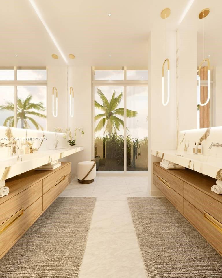 This rendering shows a modern bathroom with dual wood vanities, marble countertops, and glass doors — 2300 Cap cana, FL