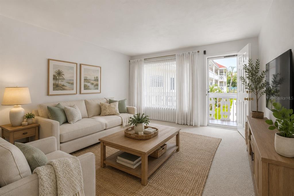 A living room features a beige sofa, wooden coffee table, and a door leading outside — 2451 CANADIAN WAY UNIT 29, CLEARWATER, FL