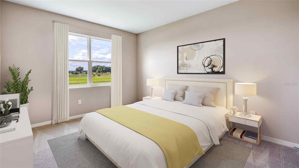 This is a digital rendering of a bedroom featuring a bed, nightstands, and a window — 32679 DULUTH DRIVE, WESLEY CHAPEL, FL