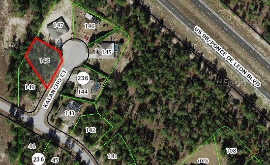 This is a map showing a vacant residential lot highlighted in red on a cul-de-sac — 3 KALANCHOE COURT, HOMOSASSA, FL
