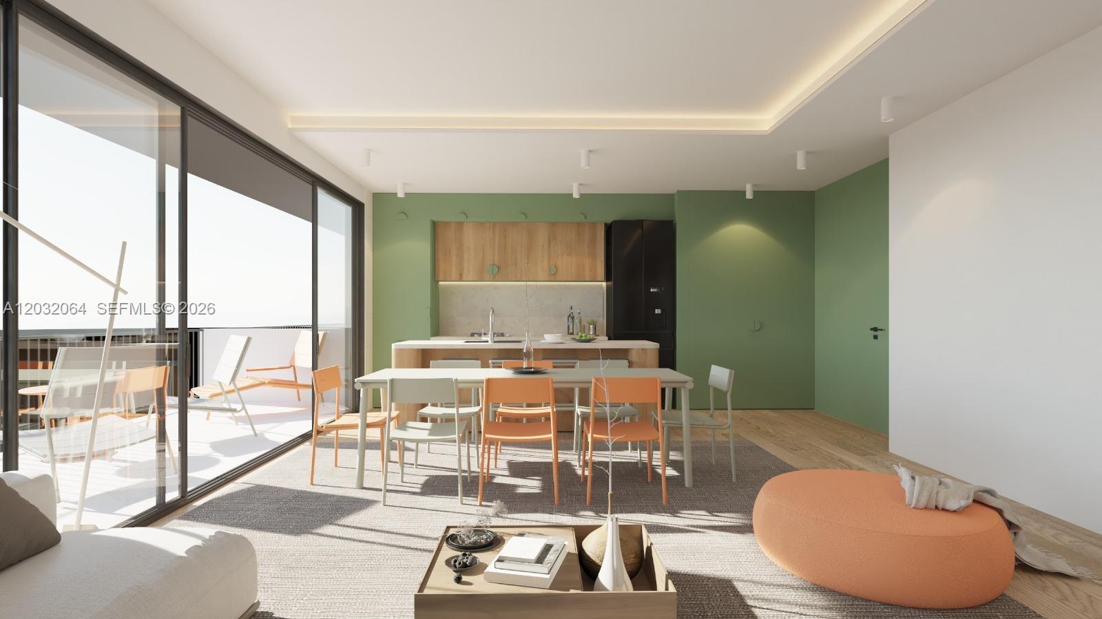 This is a rendering of a modern open-concept kitchen and dining area with green walls — 2121 SW 6th St, Miami FL 33135, MIAMI, FL
