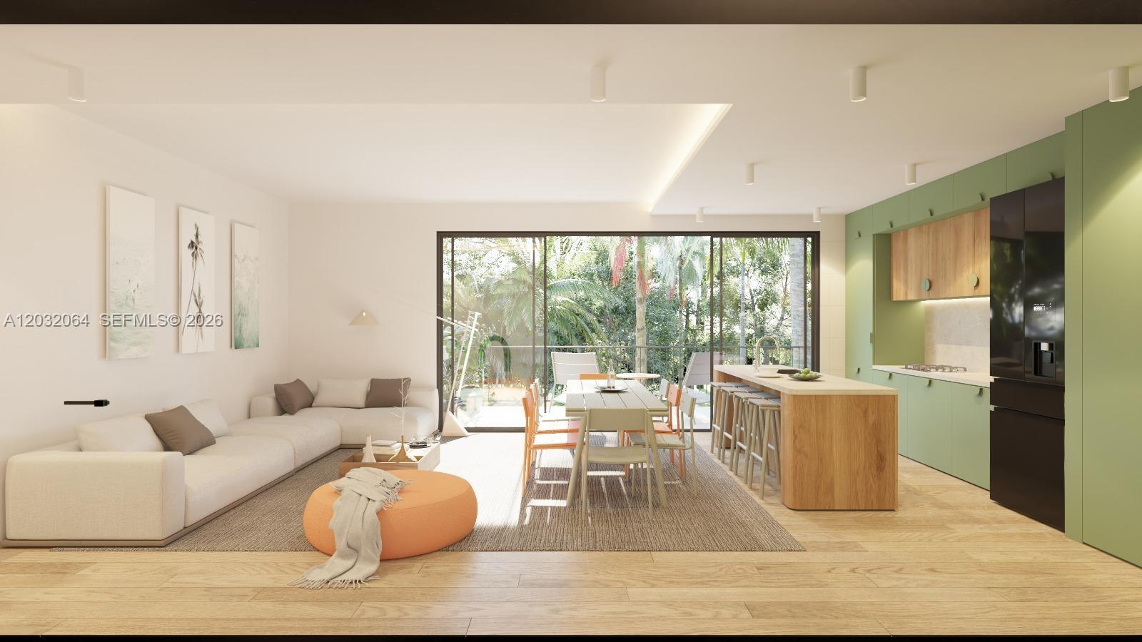 This rendering shows an open-concept living and dining area with a green kitchen and balcony — 2121 SW 6th St, Miami FL 33135, MIAMI, FL