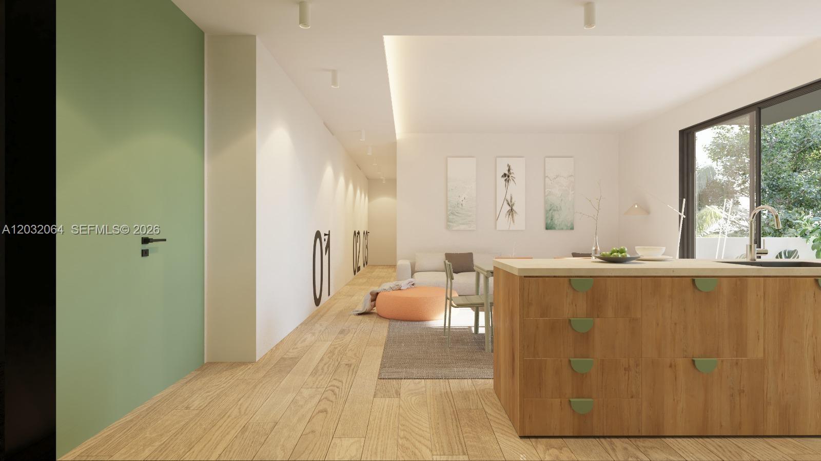 This rendering shows a modern kitchen and living area with wood cabinetry and green accents — 2121 SW 6th St, Miami FL 33135, MIAMI, FL