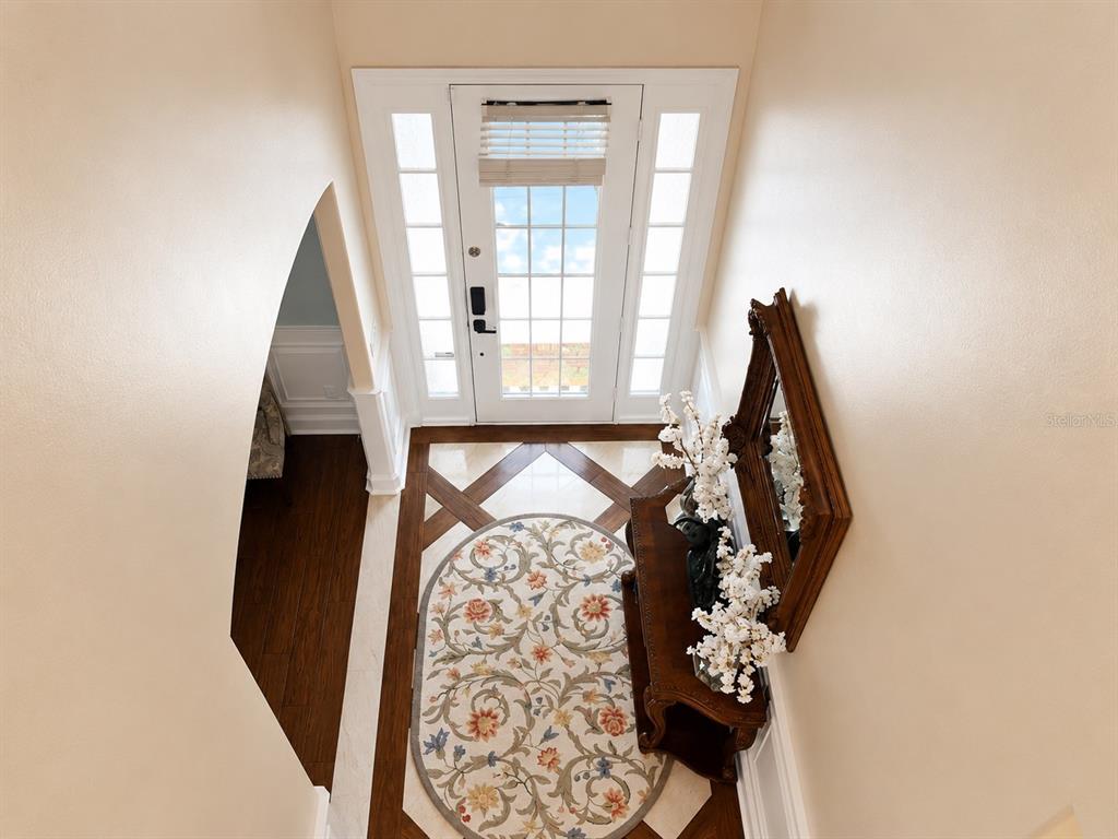 An entryway features a patterned rug, a wooden console table, and a glass-paneled front door — 6203 COURTNEY COVE, APOPKA, FL