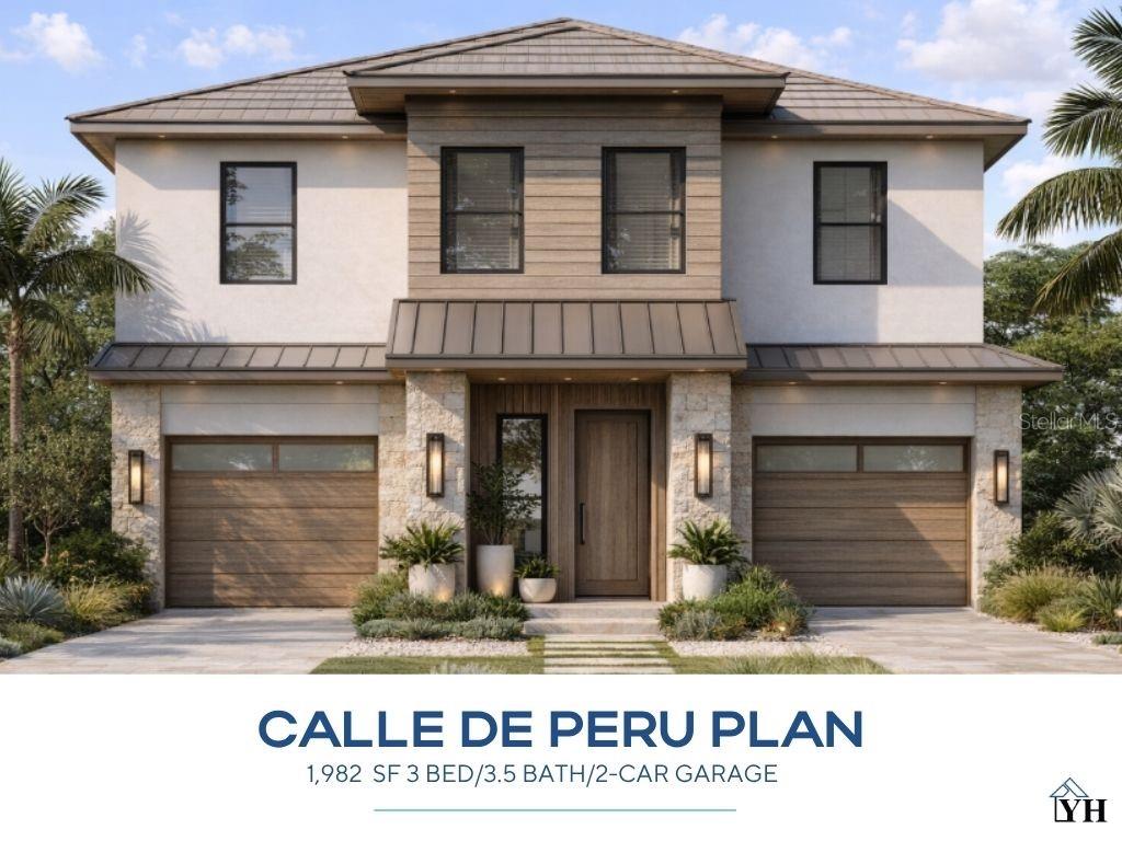 A rendering of a two-story house with a stone facade, wood accents, and two garages — 643 CALLE DE PERU, SARASOTA, FL