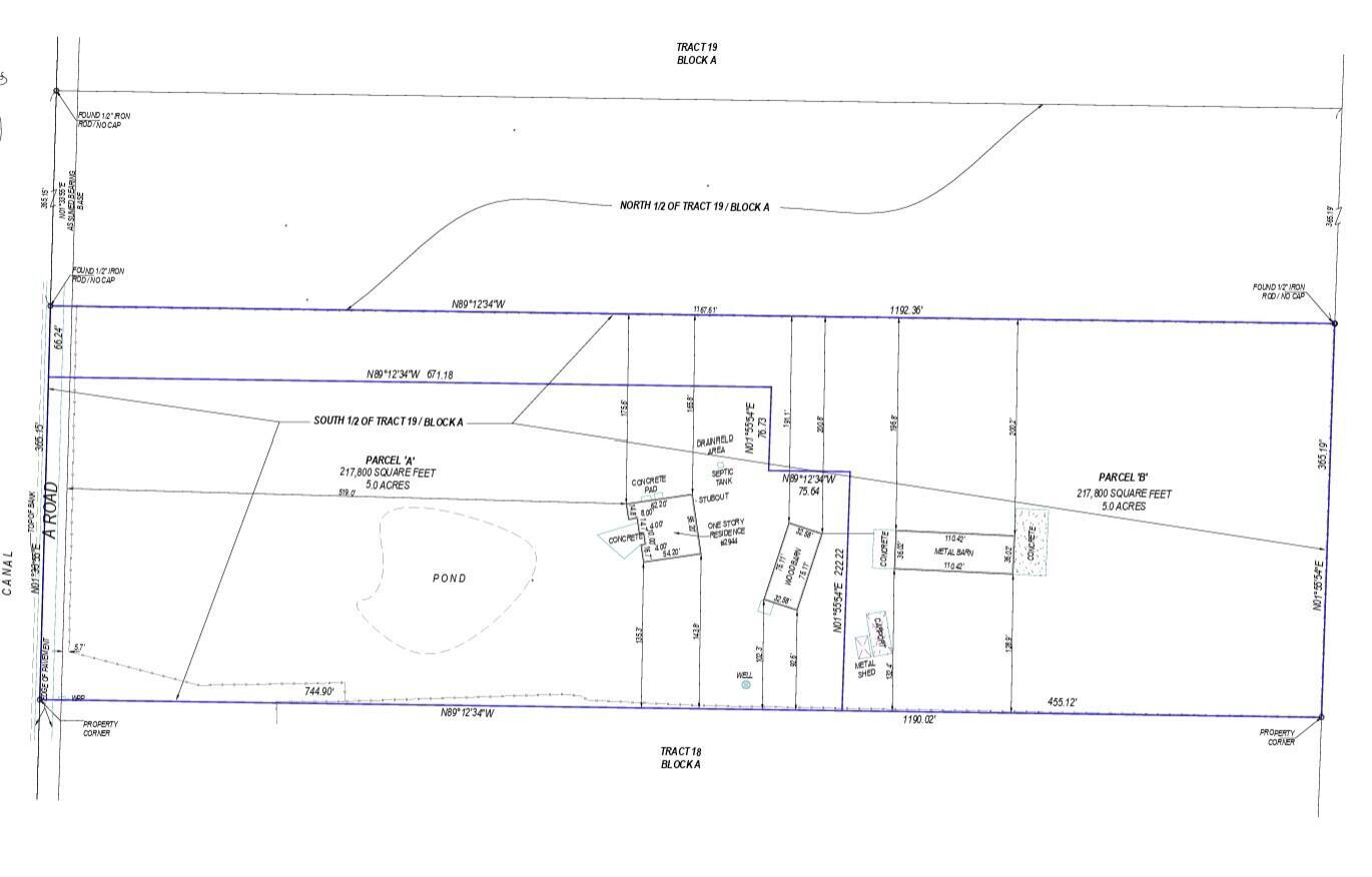 This is a land survey map showing two five-acre parcels with a residence and outbuildings — 2944 A Road, Loxahatchee FL 33470, LOXAHATCHEE, FL