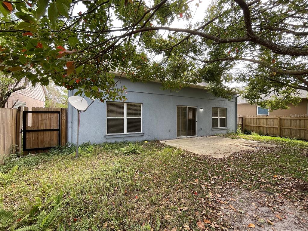The backyard features a concrete patio, a blue stucco exterior, and a wooden fence — 4228 BOCA WOODS DRIVE, ORLANDO, FL