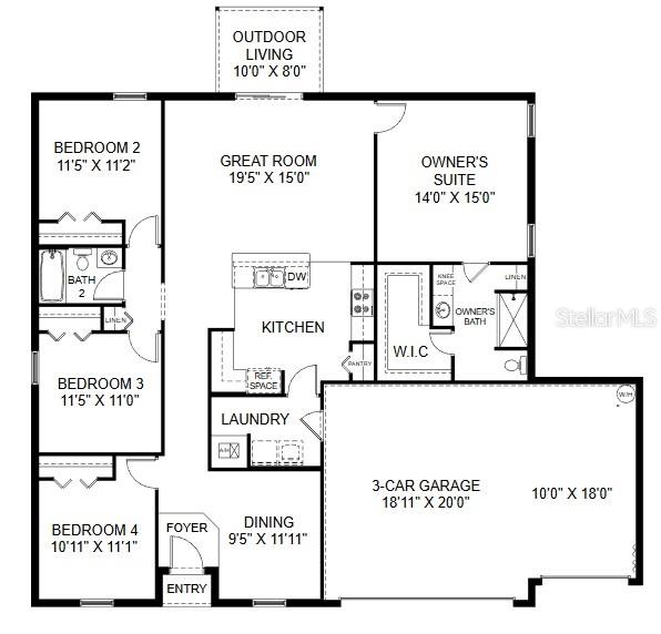 This floor plan shows a four-bedroom home with a three-car garage and outdoor living space — 332 LA PLAYA LANE, PORT CHARLOTTE, FL
