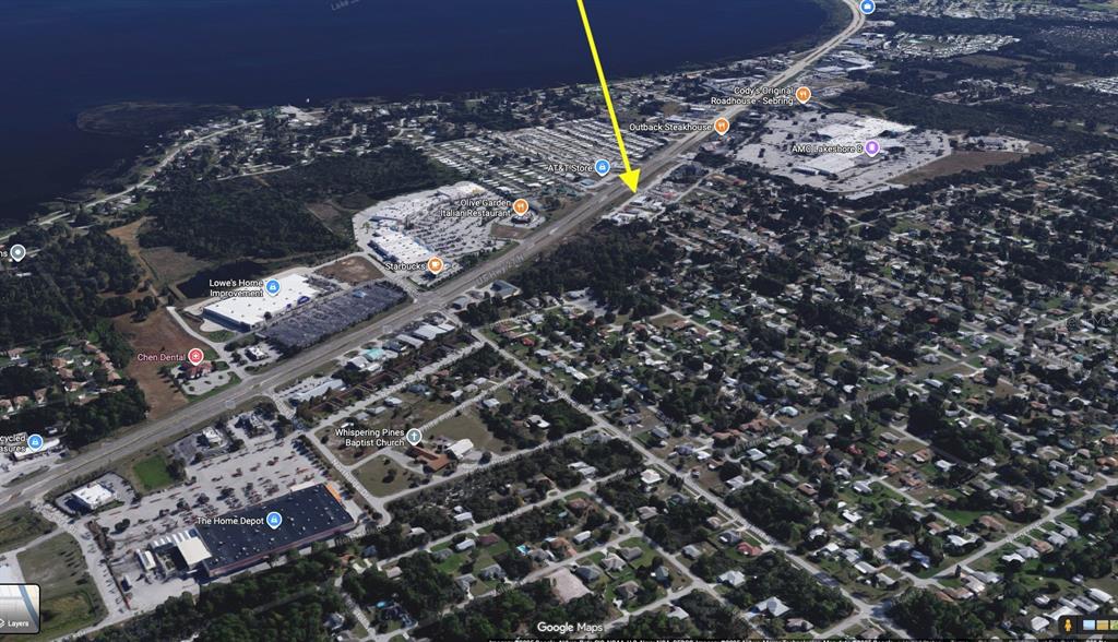 This is an aerial map view of a commercial area featuring retail stores and restaurants — 32379 BROADWAY STREET, SEBRING, FL