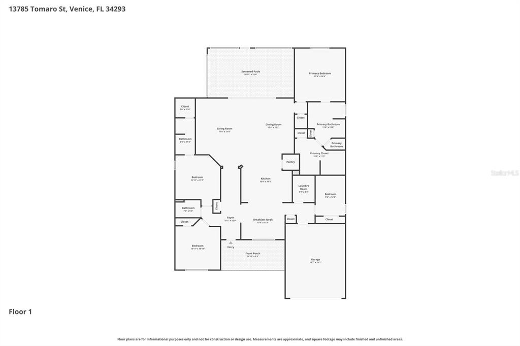 This is a floor plan for a single-story house with a garage and screened patio — 13785 TOMARO STREET, VENICE, FL