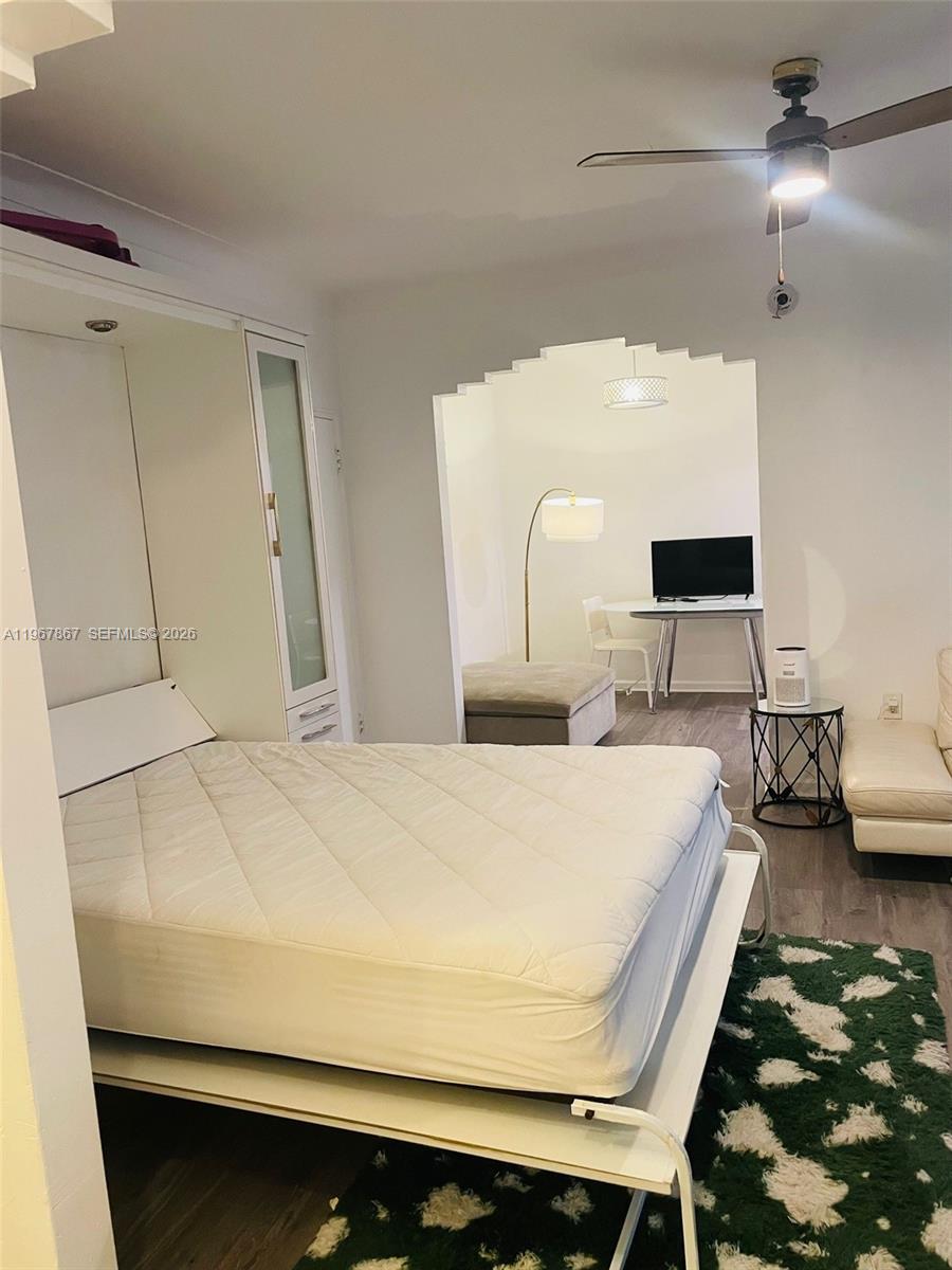 A bedroom features a white Murphy bed, a green patterned rug, and an arched entryway — 1611 Euclid Ave # 3, Miami Beach FL 33139, MIAMI BEACH, FL