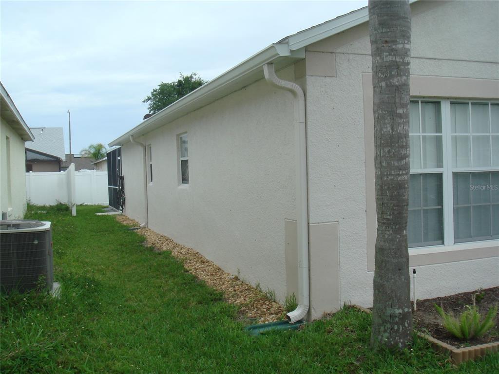 The side exterior of a house features a stucco wall, a downspout, and landscaping — 1036 CLEAR CREEK CIRCLE, CLERMONT, FL