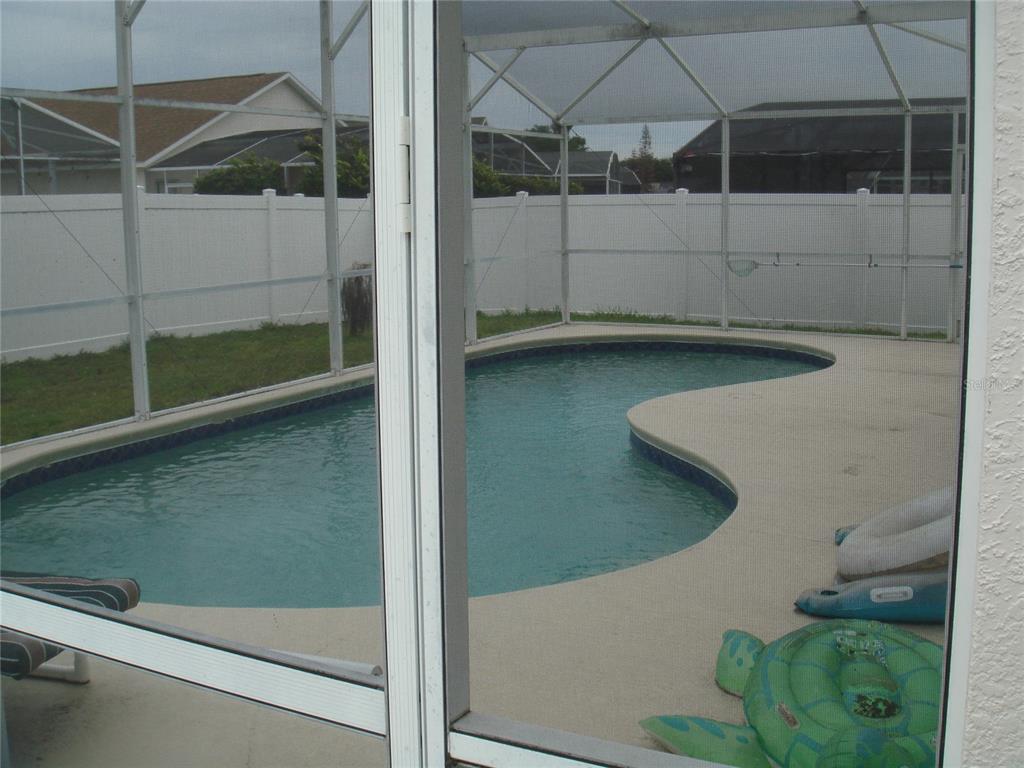 A screened-in swimming pool with a concrete deck and a white privacy fence — 1036 CLEAR CREEK CIRCLE, CLERMONT, FL