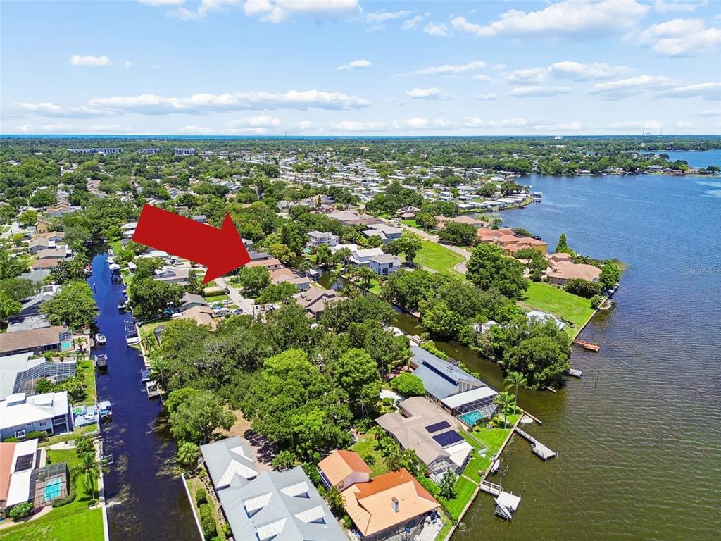 An aerial view shows a residential neighborhood with houses situated along a canal and lake — 3141 N CANAL DRIVE, PALM HARBOR, FL
