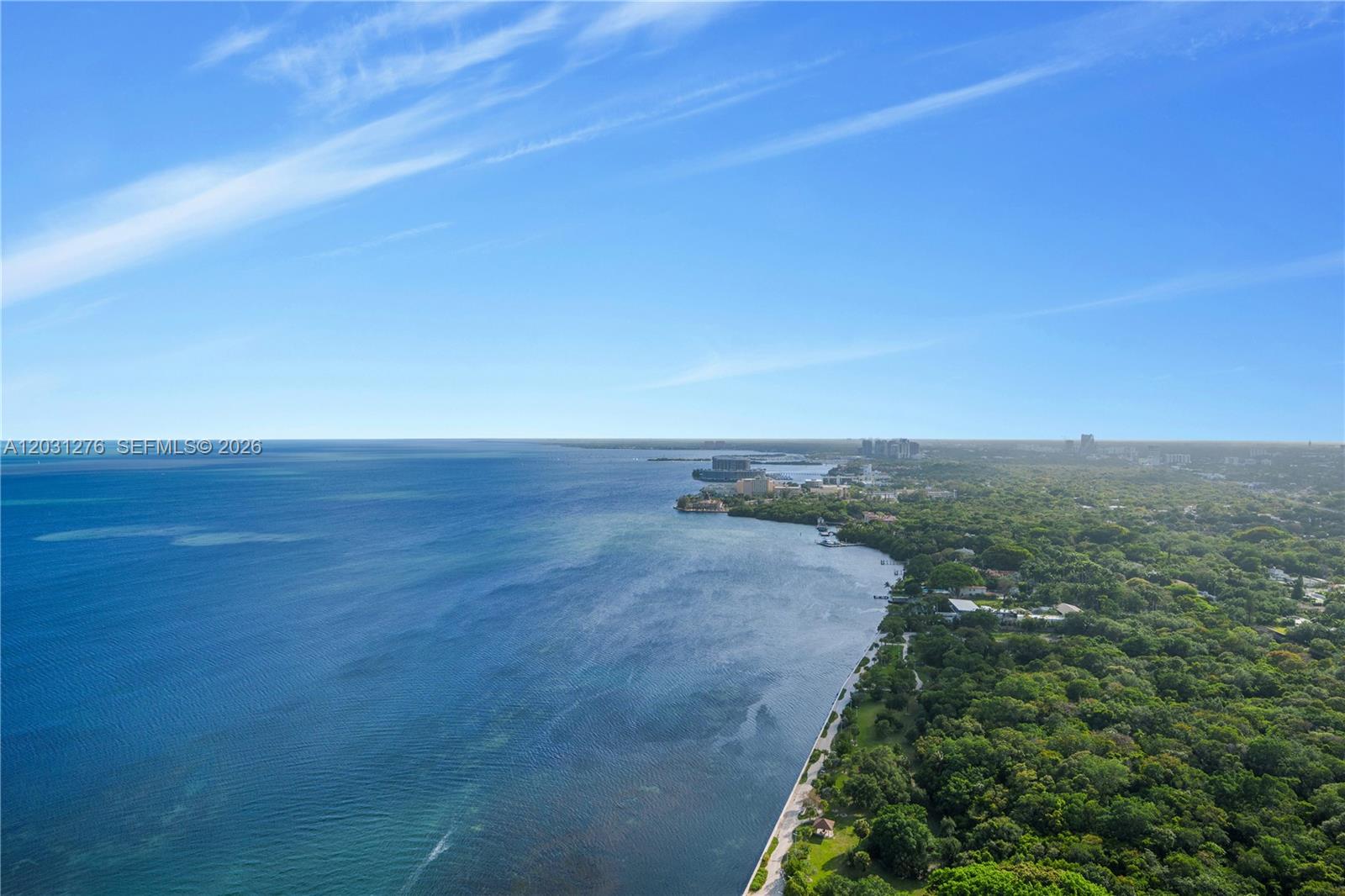 An aerial view shows a coastline with a dense forest bordering the blue water — 175 SE 25 Rd # 3403, Miami FL 33129, MIAMI, FL
