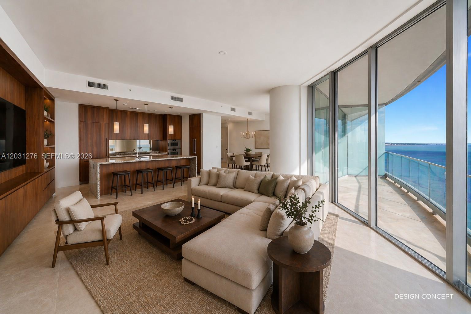 This rendering shows a modern open-concept living area with a kitchen, balcony, and ocean view — 175 SE 25 Rd # 3403, Miami FL 33129, MIAMI, FL