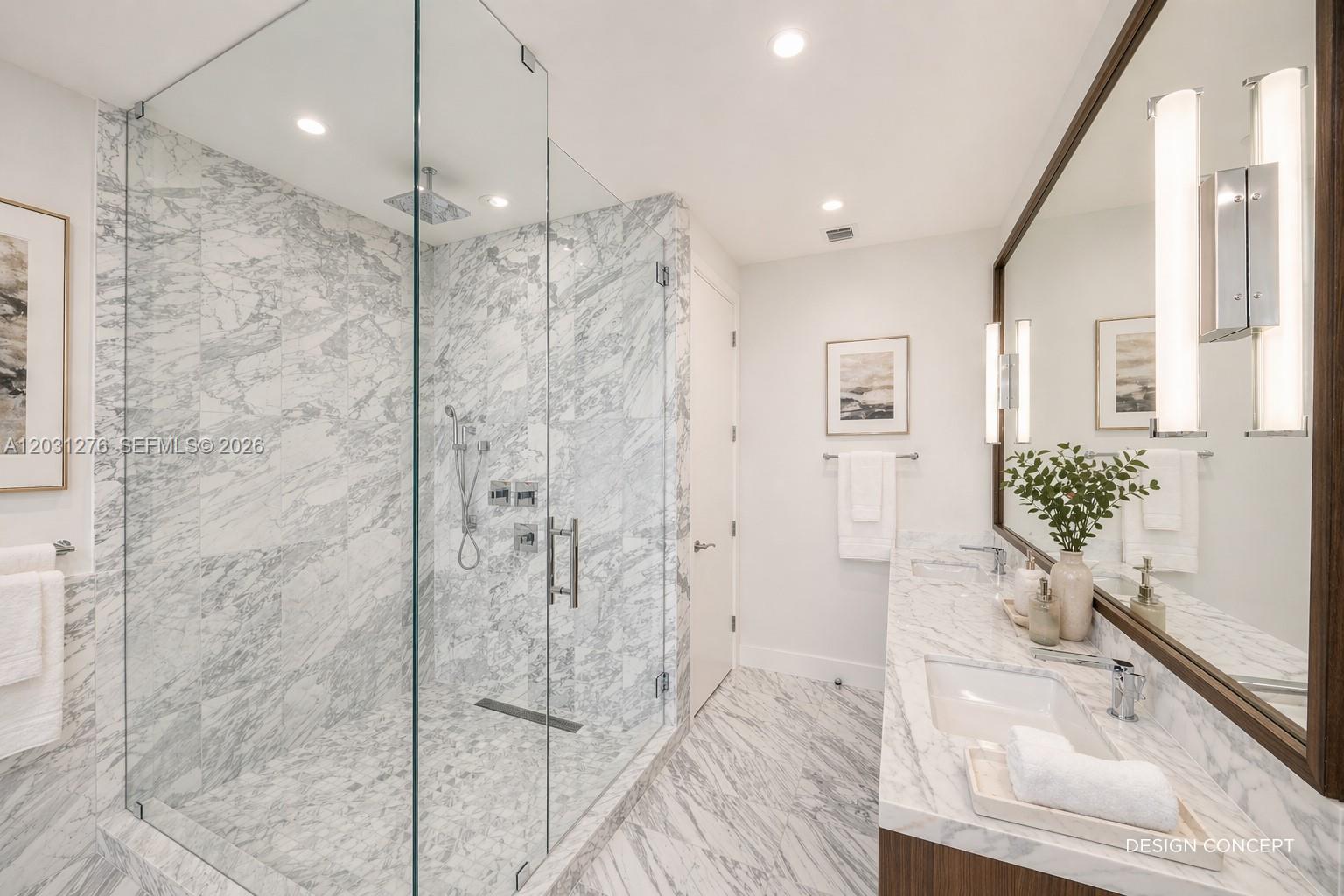 This bathroom features a glass-enclosed marble shower and a double vanity with marble countertops — 175 SE 25 Rd # 3403, Miami FL 33129, MIAMI, FL