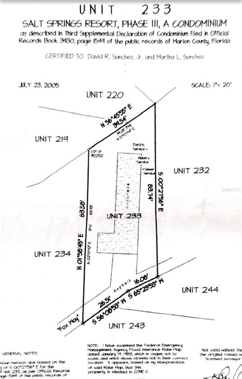 This is a survey map showing the property boundaries and dimensions for Unit 233 — 25205 NE 142ND STREET, SALT SPRINGS, FL