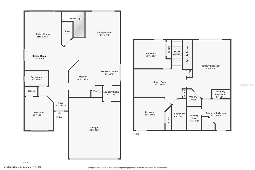 This image is a two-story floor plan showing the layout of rooms and closets — 4936 BELLTHORN DRIVE, ORLANDO, FL