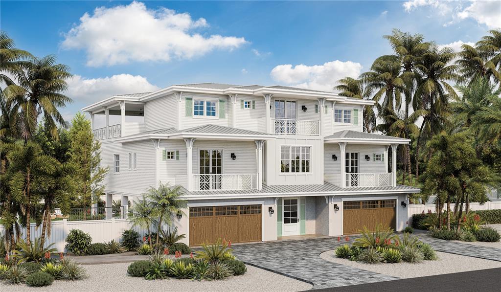 This is a rendering of a three-story coastal home with white siding and two garages — 107 TUNA STREET, ANNA MARIA, FL
