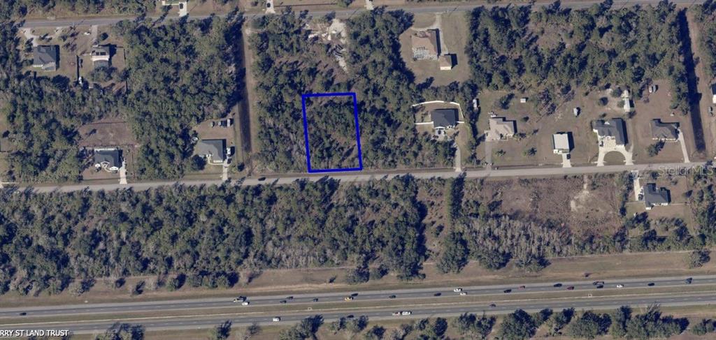 An aerial view shows a rectangular vacant lot outlined in blue amidst a wooded area — STARRY STREET, ORLANDO, FL