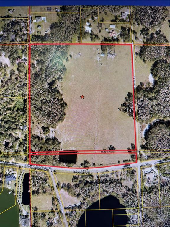 An aerial map shows a large, rectangular plot of land outlined in red with a pond — 11819 TARPON SPRINGS ROAD, ODESSA, FL