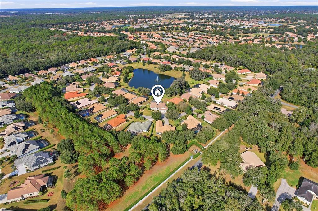 An aerial view shows a suburban neighborhood with houses surrounding a central pond — 1165 W BEAGLE RUN LOOP, HERNANDO, FL