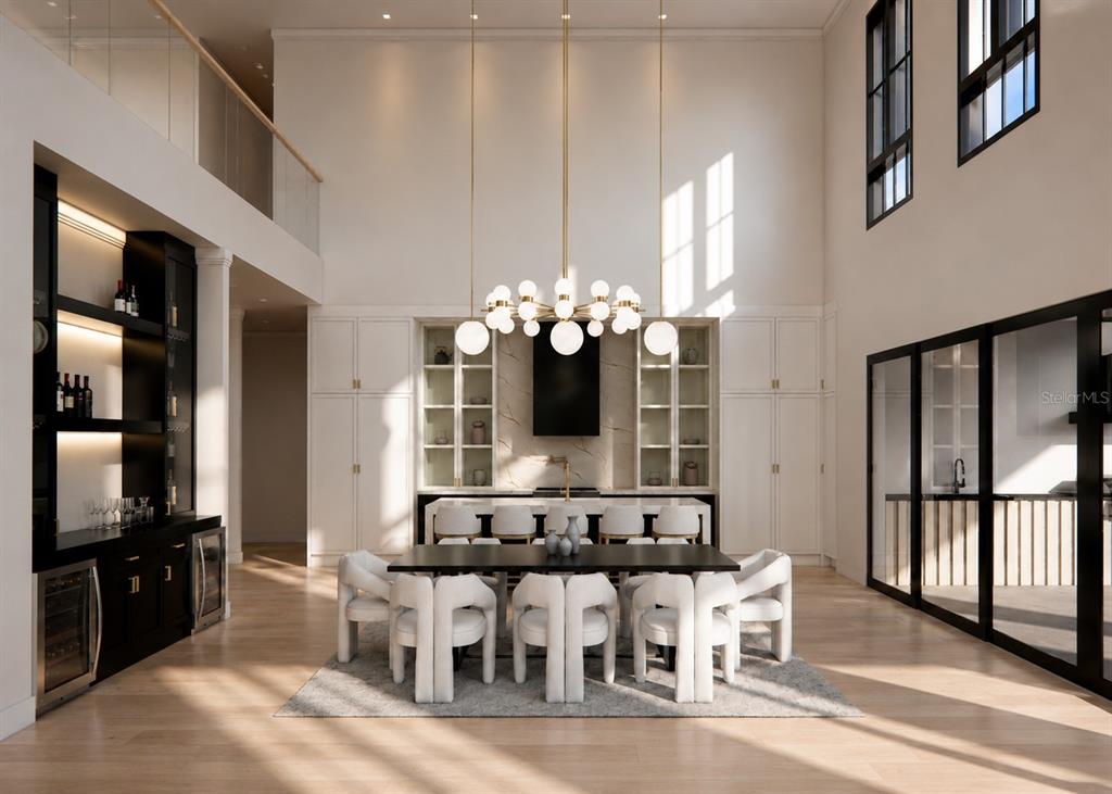 This is a rendering of a modern dining room with a large chandelier and bar area — 826 GARDEN PLAZA, ORLANDO, FL