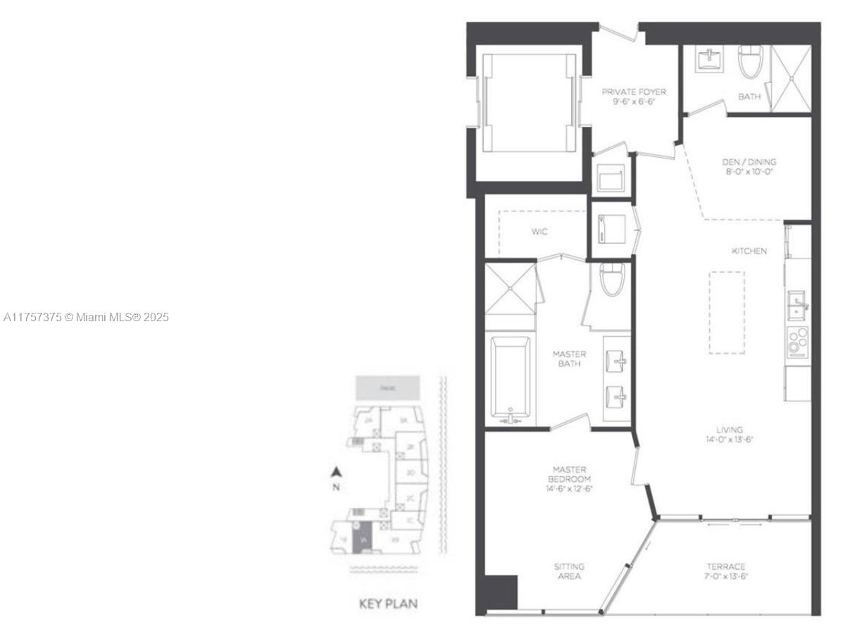 This is a floor plan for a one-bedroom apartment with a terrace and private foyer — 2900 NE 7th Ave # 2008, Miami FL 33137, MIAMI, FL