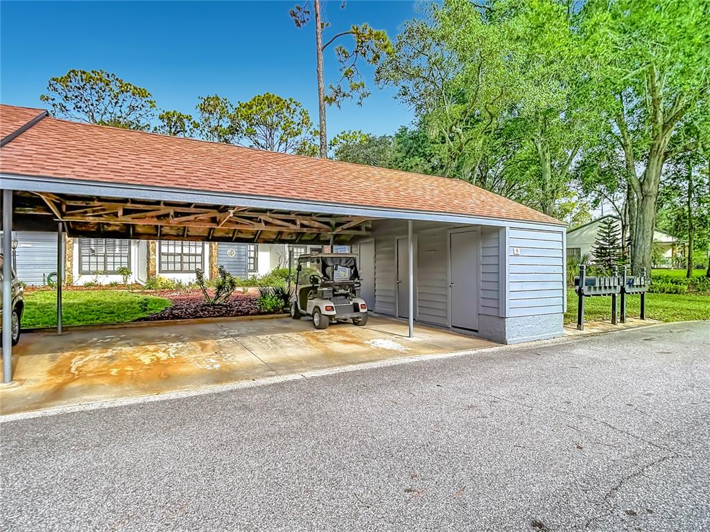 A covered carport with a golf cart, storage units, and mailboxes in a residential area — 2077 WOODCUTTER COURT, SPRING HILL, FL
