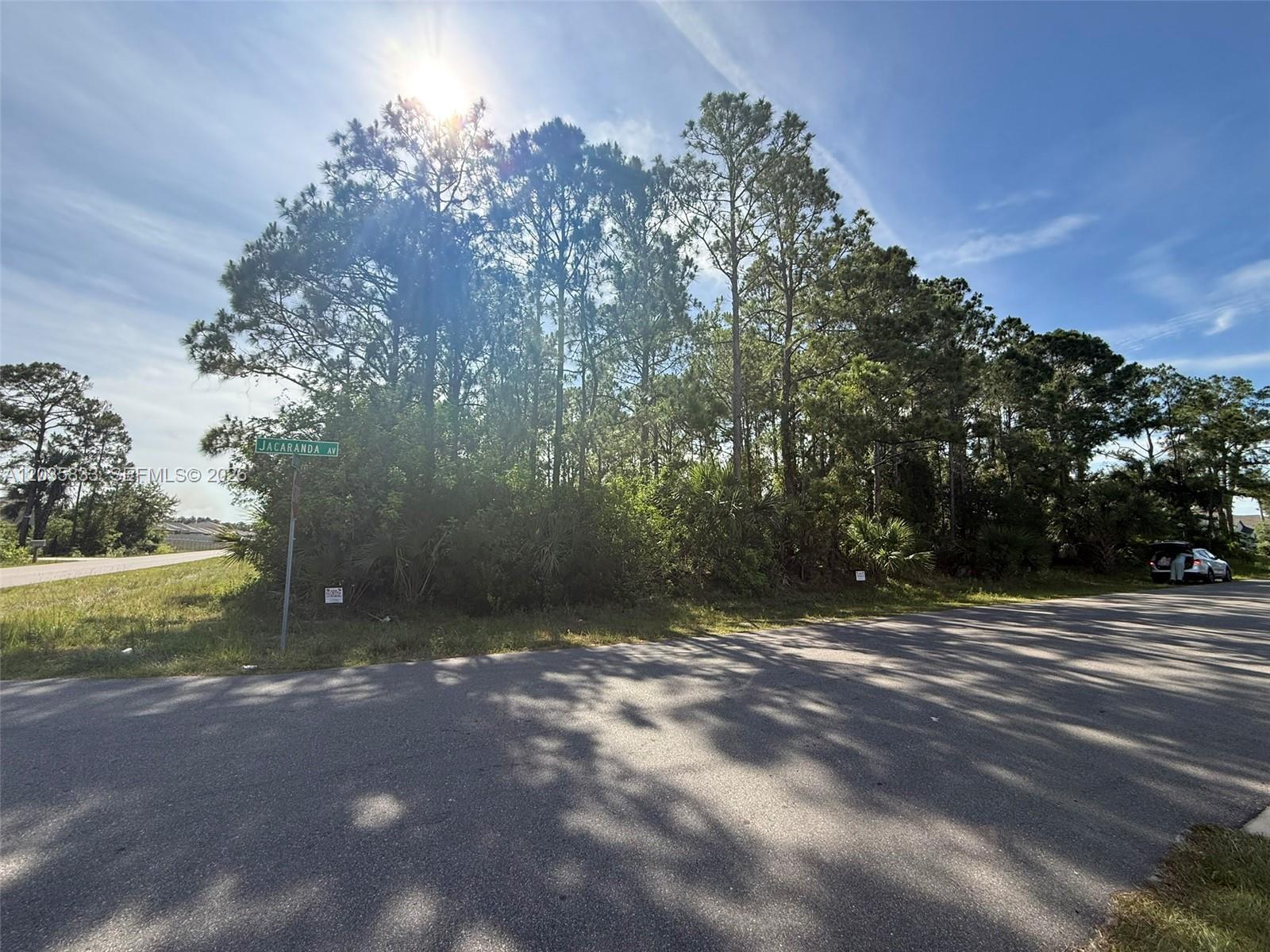 A street corner features a green road sign for Jacaranda Avenue beside a wooded lot — 202 Jacaranda AVE NW, Palm Bay FL 32907, PALM BAY, FL