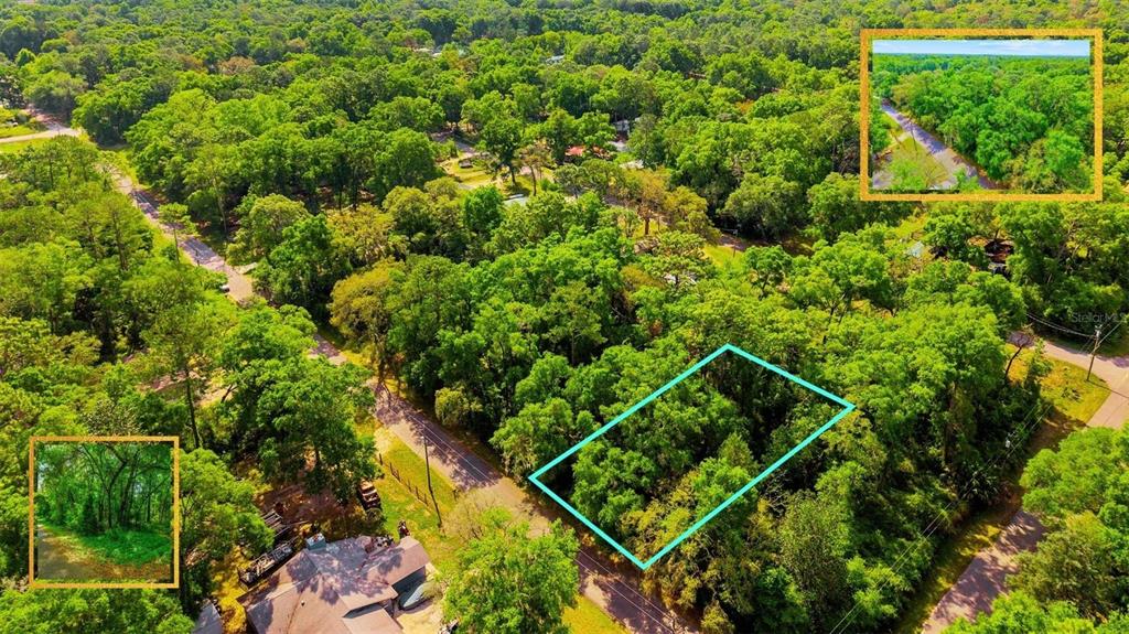 An aerial view shows a wooded residential lot outlined in blue with two inset photos — Lot 12 NW 20TH STREET, OCALA, FL