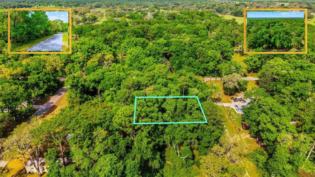 An aerial view shows a wooded lot highlighted by a blue rectangle with two insets — Lot 12 NW 20TH STREET, OCALA, FL