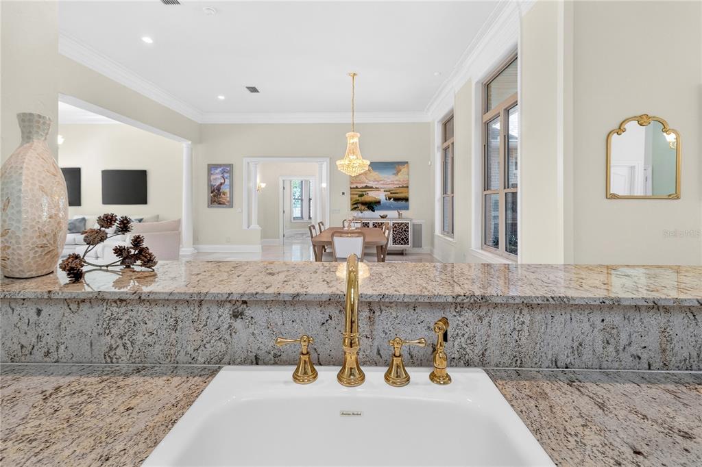 A kitchen sink with gold fixtures overlooks a dining area and living room — 573 SE NATURE DRIVE, LAKE CITY, FL