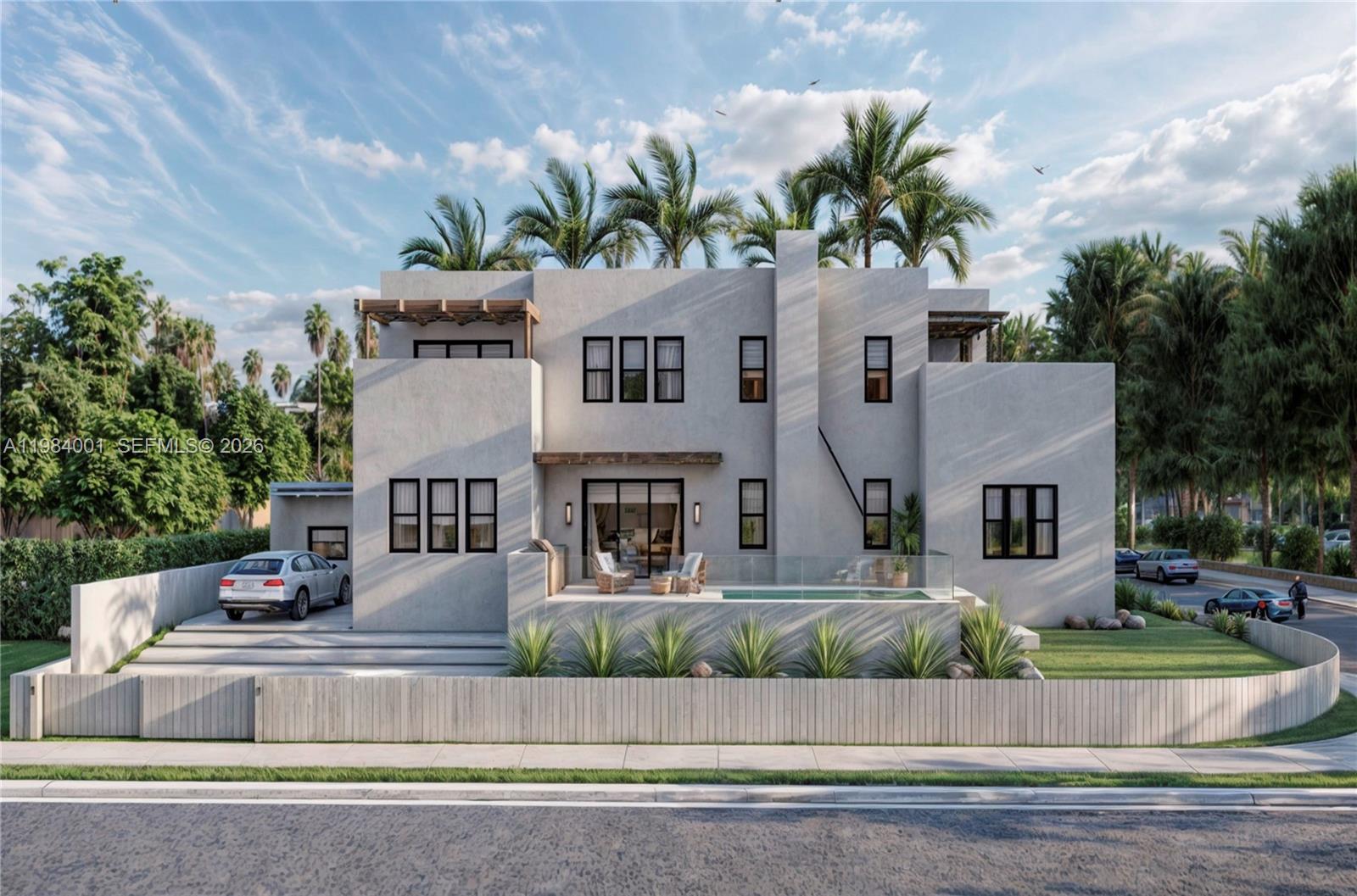 This is a digital rendering of a modern two-story house with a pool and patio — 4400 NE 1st Ave, Miami FL 33137, MIAMI, FL