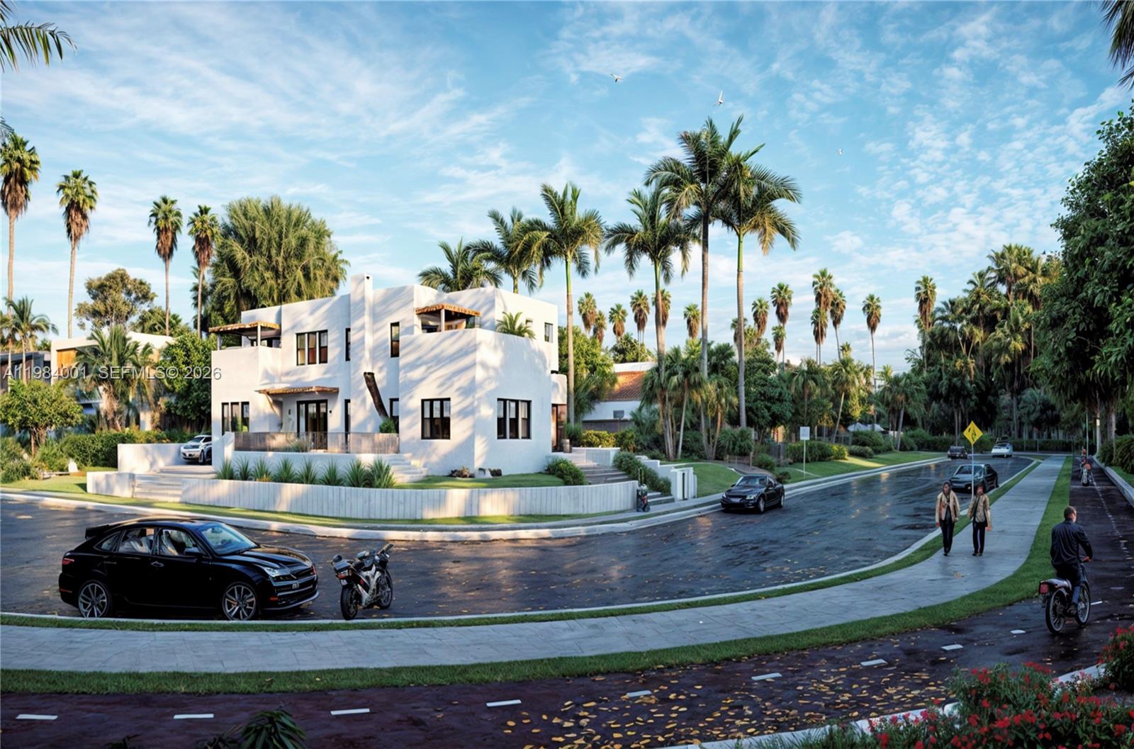This is a rendering of a modern white two-story house on a palm-lined street — 4400 NE 1st Ave, Miami FL 33137, MIAMI, FL