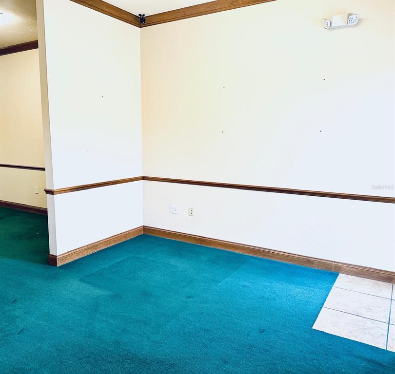 An interior view shows a room with teal carpeting, white walls, and wood chair rail molding — 5115 S LAKELAND DRIVE, LAKELAND, FL