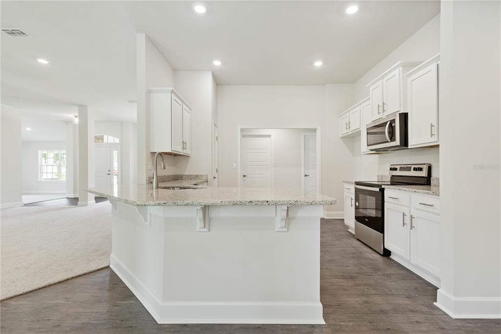 A kitchen with white cabinets, granite countertops, stainless steel appliances, and dark wood-look flooring — 39 BIRCHWOOD DRIVE, PALM COAST, FL