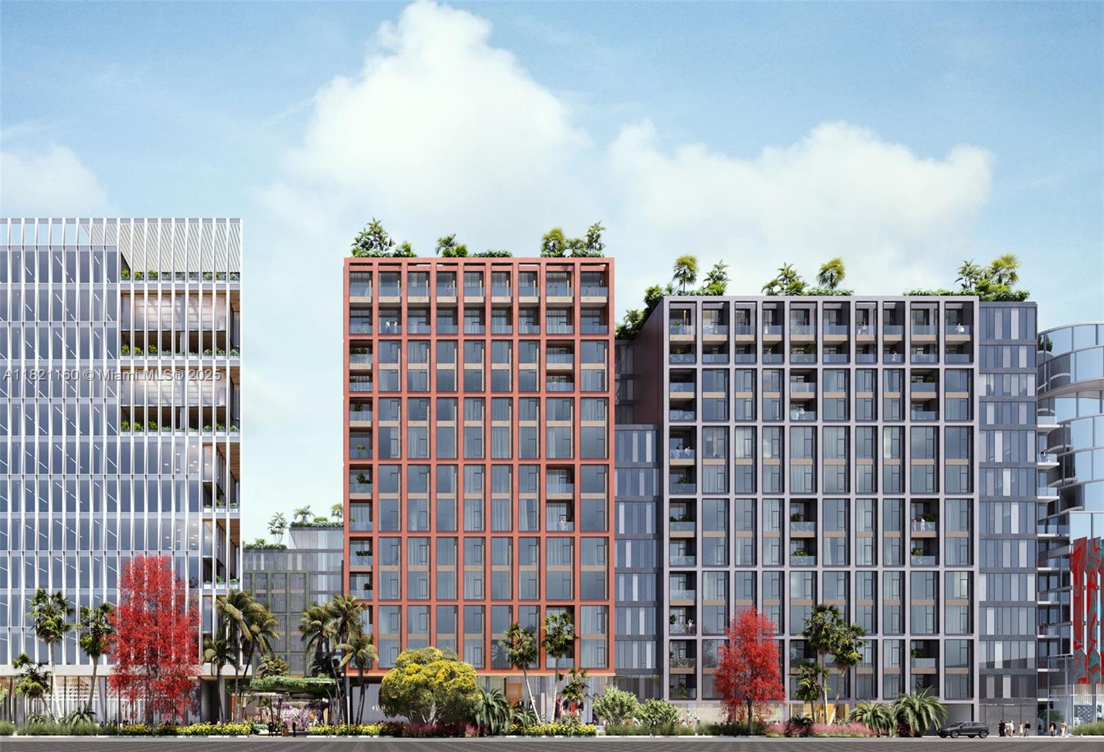 This is a digital architectural rendering of a multi-building urban residential complex with landscaped rooftops — 55 NW 29th Street, Miami FL 33127, MIAMI, FL